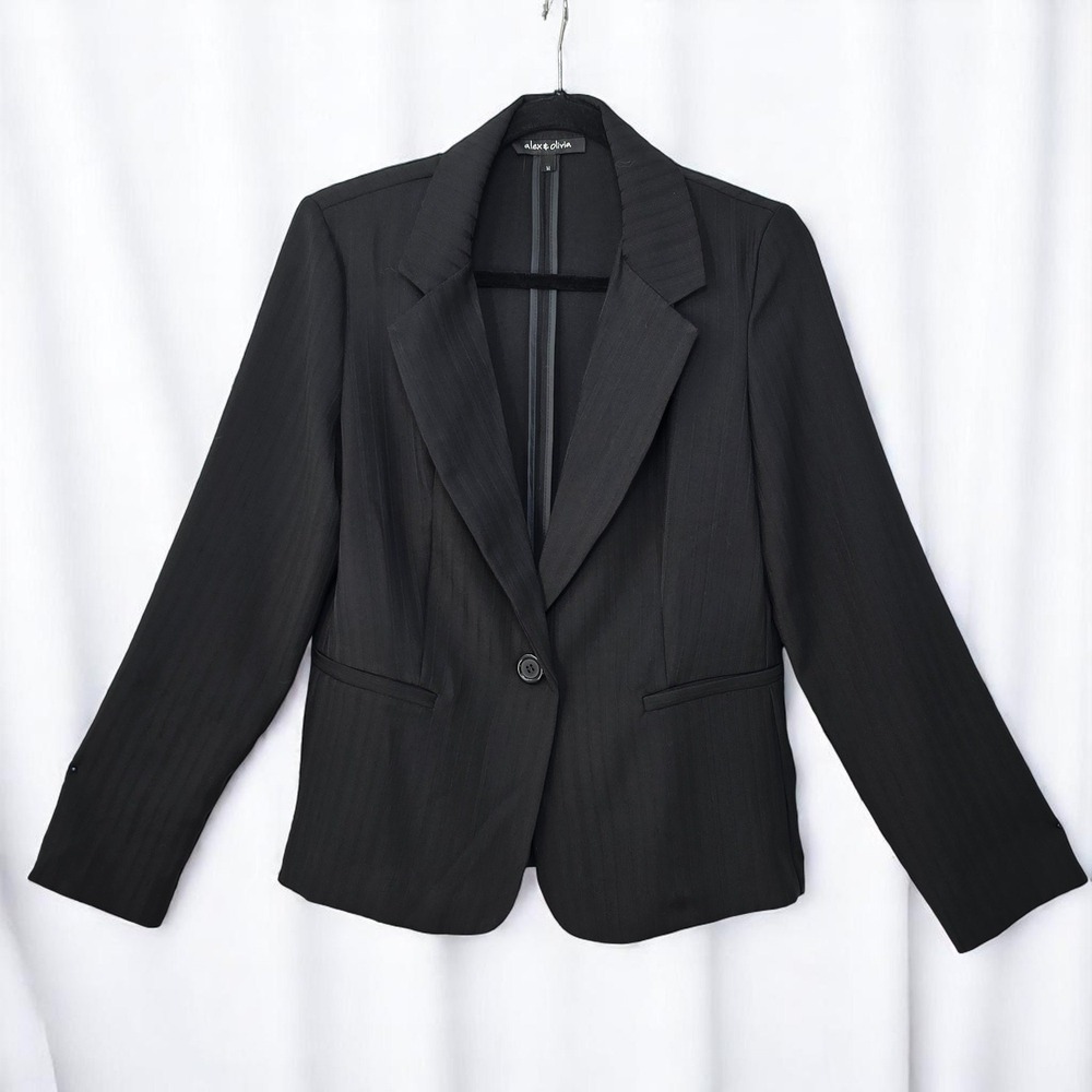 Alex & Olivia Blazer Woman Medium Black Lightweight Business Career Herringbone